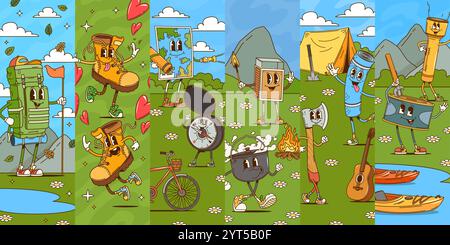 Cartoon groovy travel and tourism characters collage of camping, vector background. Cartoon groovy hiking characters of camper tent and backpack tourist bag with kayak and compass or campfire matches Stock Vector