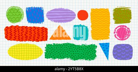 Simple shape stickers and frames with various patterns in rough rustic style. Hand drawn vintage badges, banners and other forms with textures and Stock Vector