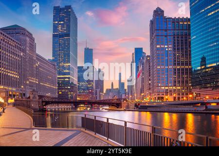 Chicago, Illinois, USA. Cityscape image of Chicago skyline at beautiful spring sunrise. Stock Photo