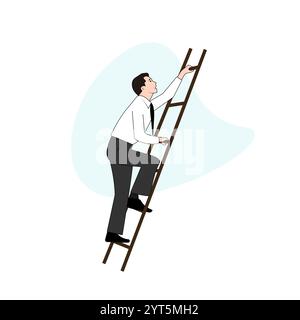 Business man in suit climbing the ladder to success. Business journey concept. Man moves up on career ladder. Vector illustration. Stock Vector