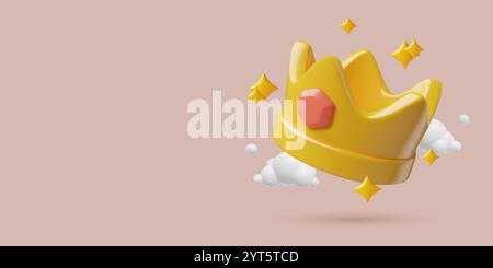 Gold shining jewel crown with stars 3d render. Winner award background design with copy space. Vector illustration. Stock Vector