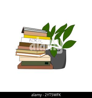 A stack of books and plant. A cozy stack of knowledge and growth. Vector illustration. Stock Vector