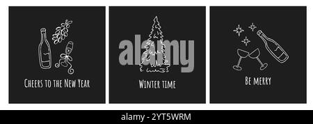 Trendy doodle Christmas cards set. Hand drawn vector retro black and white design. Stock Vector