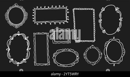 Doodle coquettish frames set. Hand drawn vector crayon design. Stock Vector