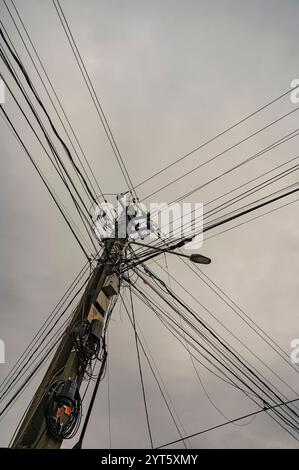 Power poles with many wires on a cloudy day. Stock Photo