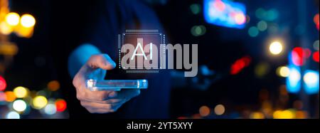 A person holds a smartphone featuring AI-powered fingerprint technology. Illustrates the integration of artificial intelligence in mobile security and Stock Photo