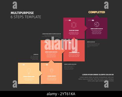 Multipurpose infographic with six blue square color block steps on dark gray background. Simple infochart for your six steps guide instructions Stock Vector