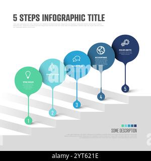 Multipurpose Simple five steps infographic template with big blue and green droplets pointers in one line on the stairs with light background Stock Vector