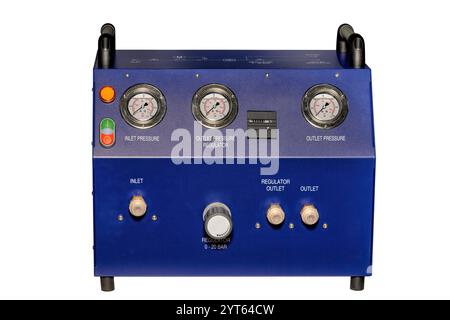 This robust pressure regulator is designed for industrial use, featuring dual gauges for monitoring inlet and outlet pressure. Stock Photo