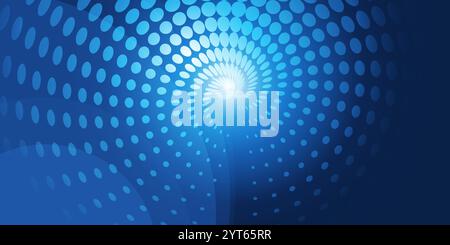 Dark Blue Spiraling Spotted Pattern, 3D Round Backlit Translucent  Swirly Shapes - Abstract Futuristic Minimalist Background with Bright Light and Whi Stock Vector