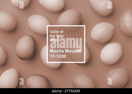 2025 color of the year mocha mousse showcases various egg hues on a neutral background Stock Photo