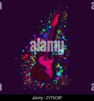 Electric guitar surrounded by bright colorful spots on purple background, glitch effect. Creative poster Stock Photo