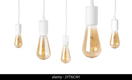 Light bulbs hanging on white background. Banner design Stock Photo