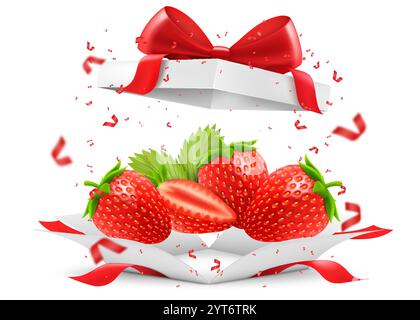 Fresh juicy strawberries in open gift box with a red bow isolated on transparent background. Red strawberry, half of strawberry, whole strawberry. Swe Stock Vector