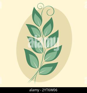 green leaf branch with thin curved stem and swirl on top on light yellow background, vintage style vector illustration Stock Vector
