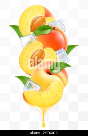 Ripe apricot and ice cubes with leaves in swirl motion. Composition of whole fresh apricot, half and slices of apricot fruits, 3D realistic vector ill Stock Vector