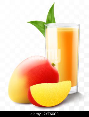 A glass of fresh mango fruit juice or smoothie with ice cubes falling into the glass. Cup of vitamin cocktail or yogurt with tasty mango, isolated on Stock Vector