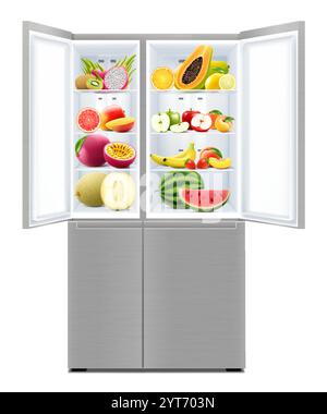 Open refrigerator with two doors full of products. Opened fridge filled with fresh fruits and vegetables isolated on white background. Vegetarian meal Stock Vector