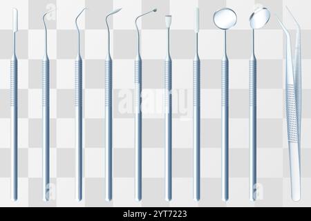 Set of dentist surgery tools isolated on white background. Dental surgical steel tools, Periodontal Scalers or surgeon teeth operation equipment. Real Stock Vector