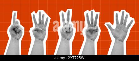 Realistic number hand sign pop art collage design element. Sets of number 1 2 3 4 5 hand gesture vector with black and white color Stock Vector