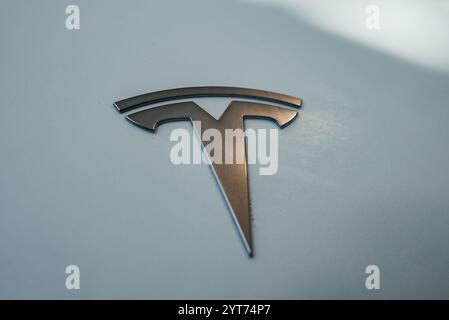 Close Up of Tesla Logo on Metallic Surface with Light Gray Background Stock Photo