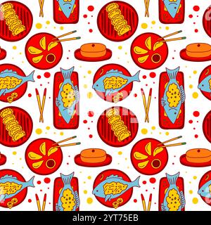 Lunar New Year Seamless Pattern. Traditional Chinese meals. Stock Vector