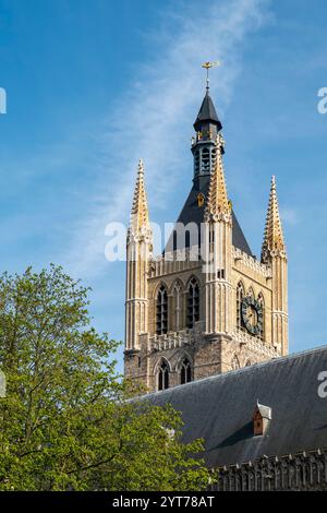 Ypres, In the historic Cloth Halls, a large Gothic building complex on the Grote Markt, with the Belfry, a 70 meter high tower with carillon, is home to the museum In Flanders Fields, named after the war poem 'In Flanders Fields' by John McCrae from 1915. Stock Photo