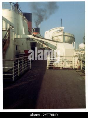 Tuesday 22nd October 1968 Onboard the Queen Elizabeth Cunard Liner at Southampton Dock. Starboard side deck to aft looking forward   Photo by The Henshaw Archive Stock Photo