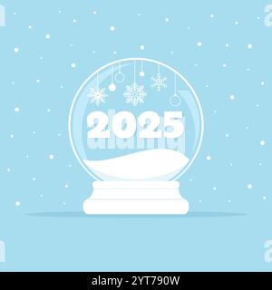 Glass globe with number 2025 and Christmas decorations inside on a blue snowy background, vector illustration in flat style Stock Vector