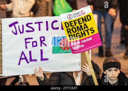 Manchester, UK. 06th Dec, 2024. Friday 6th December 2024. Traveller and Gypsy Protest. Manchester UK. Protest with a Gypsy Horse drawn caravan was led by Tommy Joyce from the Gypsy Traveller League who spoke at the demo. The march began at St Peters square Manchester Centre. The caravan turned back at Deansgate due to traffic restrictions but protesters carried on to Victoria station.  Greater Manchester Police (GMP) is facing mounting criticism and accusations as officers forcibly removed Gypsy and Traveller children from the city’s Christmas markets, sparking widespread allegations of discri Stock Photo