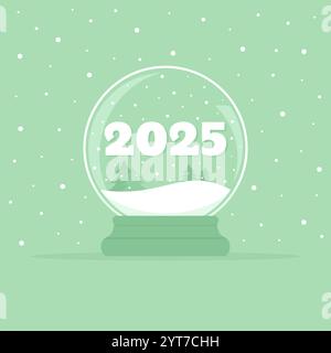New Year glass ball with the number 2025 and fir trees on a snow inside on a green snowy background. Vector flat illustration Stock Vector