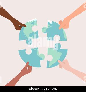 Hands of people of different nationalities putting together Earth globe puzzle pieces Stock Vector