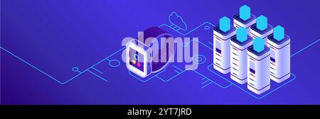 Smartwatch connecting and transferring data to a cloud server database, illustrating the advancement of technology and wearable devices in a digitally Stock Vector