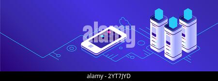 Isometric vector illustration showing a smartphone connecting to a server database, representing concepts like cloud computing, data storage, and Stock Vector