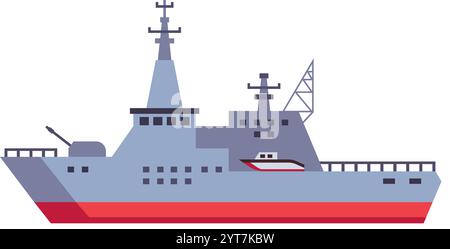 Modern warship equipped with advanced weaponry and radar systems, patrolling the sea and safeguarding maritime borders, ensuring national security in Stock Vector
