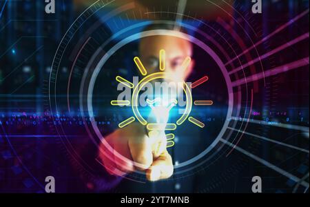 Idea bulb light inspiration and creativity symbol digital abstract 3d concept. Finger touch screen. cyber technology and network background. Man pushe Stock Photo