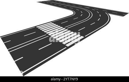 Curving asphalt road featuring a clearly marked crosswalk leading into a sharp turn, representing journeys, choices, and changes in direction along th Stock Vector