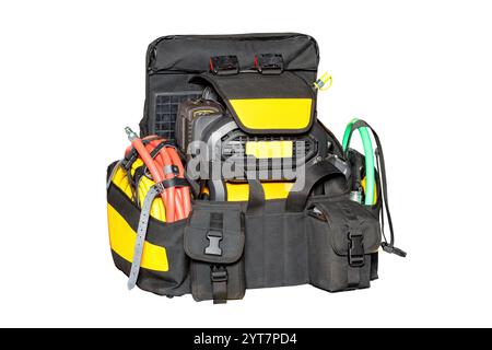 Versatile utility bag ready for electrical work in a workshop environment, isolated on white background. Stock Photo