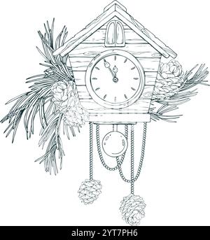 Wooden clock with pendulum and dial in the form of a house with beads pine branches and cones. Line art is a simple hand-drawn illustration in black Stock Vector