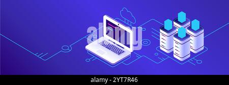 Isometric vector illustration representing cloud computing, with laptop connecting to server and cloud, ideal for technology and internet concepts Stock Vector