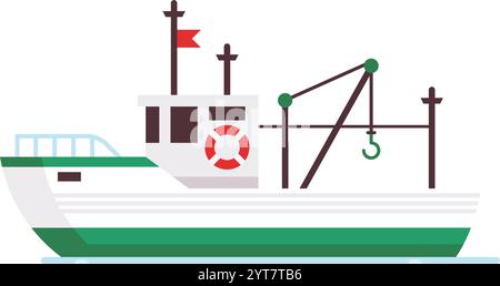 Small fishing boat floating on the water, featuring a crane equipped with a hook, designed for fishing activities, showcasing a minimalist and Stock Vector