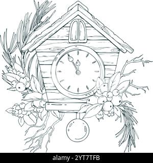 Wooden antique clock with pendulum and dial in the form of a house with fir branches, snowberry. Line art is a simple hand-drawn illustration in black Stock Vector