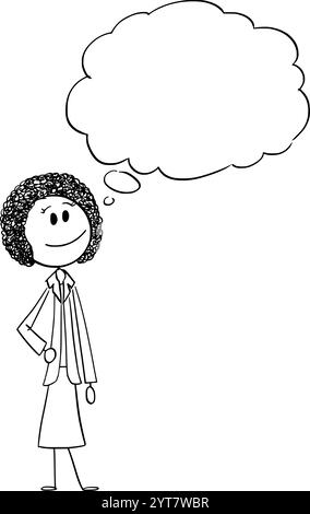 Smiling black woman or African ethnicity businesswoman thinking, vector cartoon stick figure or character illustration. Stock Vector
