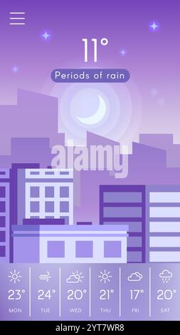 Mobile weather application featuring periods of rain at night, displaying a crescent moon above a cityscape. Weekly forecast provides detailed Stock Vector