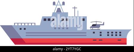 Modern warship sailing across ocean waters, featuring a helicopter stationed on deck, symbolizing naval power, maritime security, and military Stock Vector