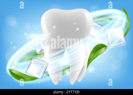 Detailed White Healthy Tooth with Green Mint Leaves. Protective vortex around tooth. Whitening of human tooth. Teeth protection, tooth care dental med Stock Vector