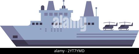 Modern warship carrying two helicopters represents naval power and military readiness, featuring a sleek and minimalist flat design that emphasizes Stock Vector