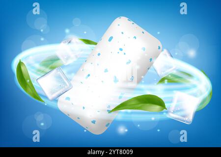 Chewing gum, with ice cubes and mint leaves. Green leaves spearmint for fresh breathing. Refreshing sweet candy, Advertising banner. Realistic 3D vect Stock Vector