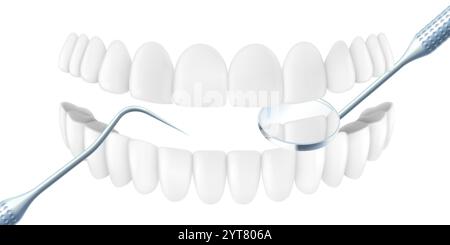 Teeth with dental scaler and stainless steel mouth mirror isolated on white background. Dental professional tools for treating human teeth and oral ca Stock Vector