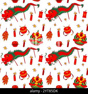 Lunar New Year seamless pattern. Street festival endless ornament. Firecrackers, dragon, lion dance, Stock Vector